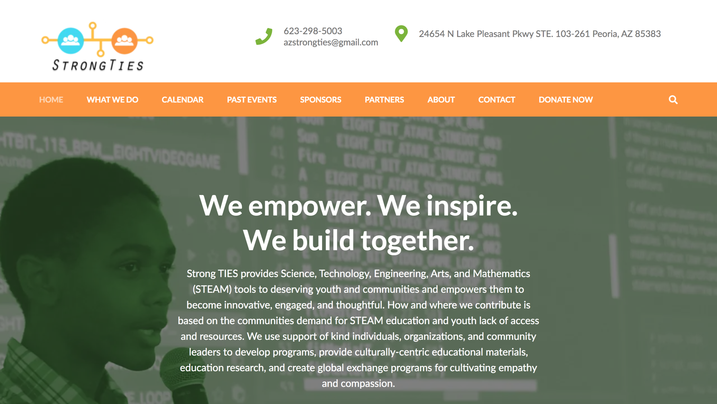 The main menu page for the website Strong ties. In orange are the several options available for someone to navigate the website such as " what we do" and "calendar". At the top left is the strong ties logo. Towards the top middle is a phone number w