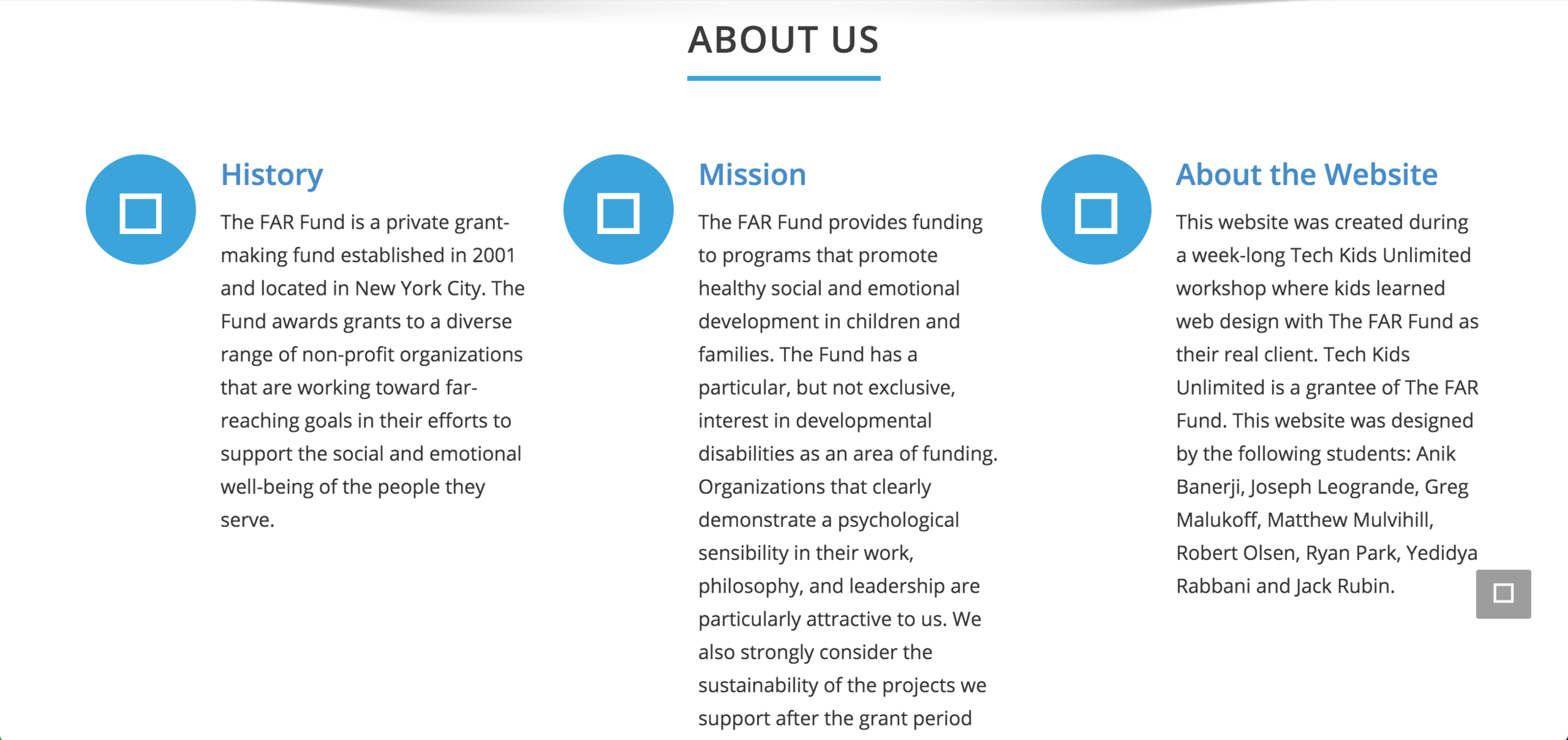 This is an option regarding about us for the far fund. It includes the history, mission and about the website for extra information regarding the far fund like how to possibly navigate the website or what it has to offer.