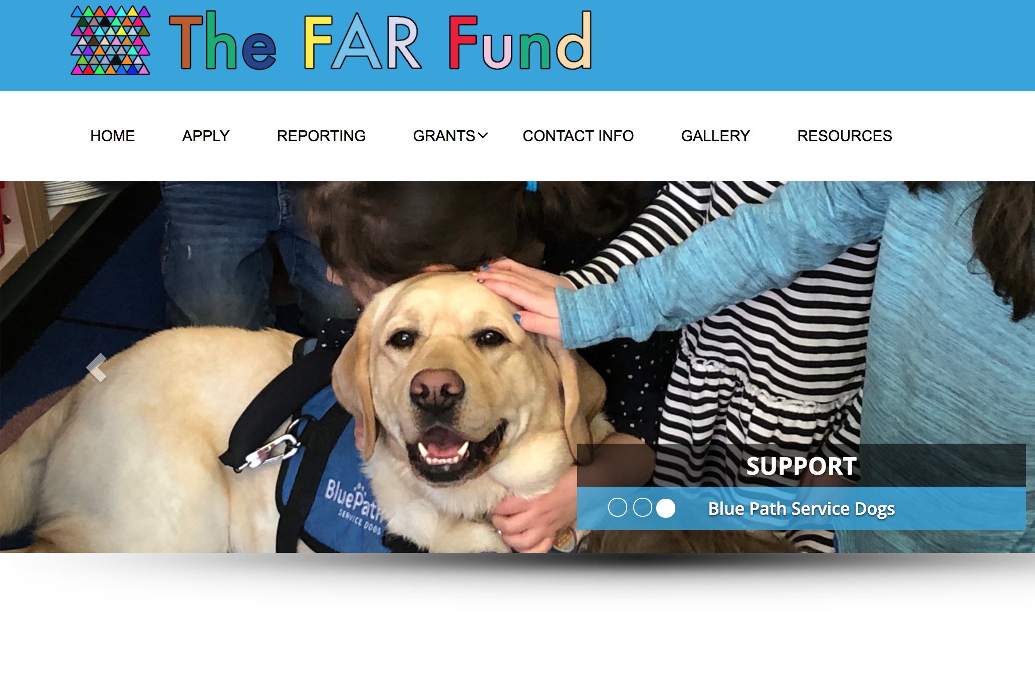 This is an image of the interface of the website the far fund with a dog being petted as the picture. There are a few options on the page such as apply reporting grants etc. At the topic is the logo of the far fund.