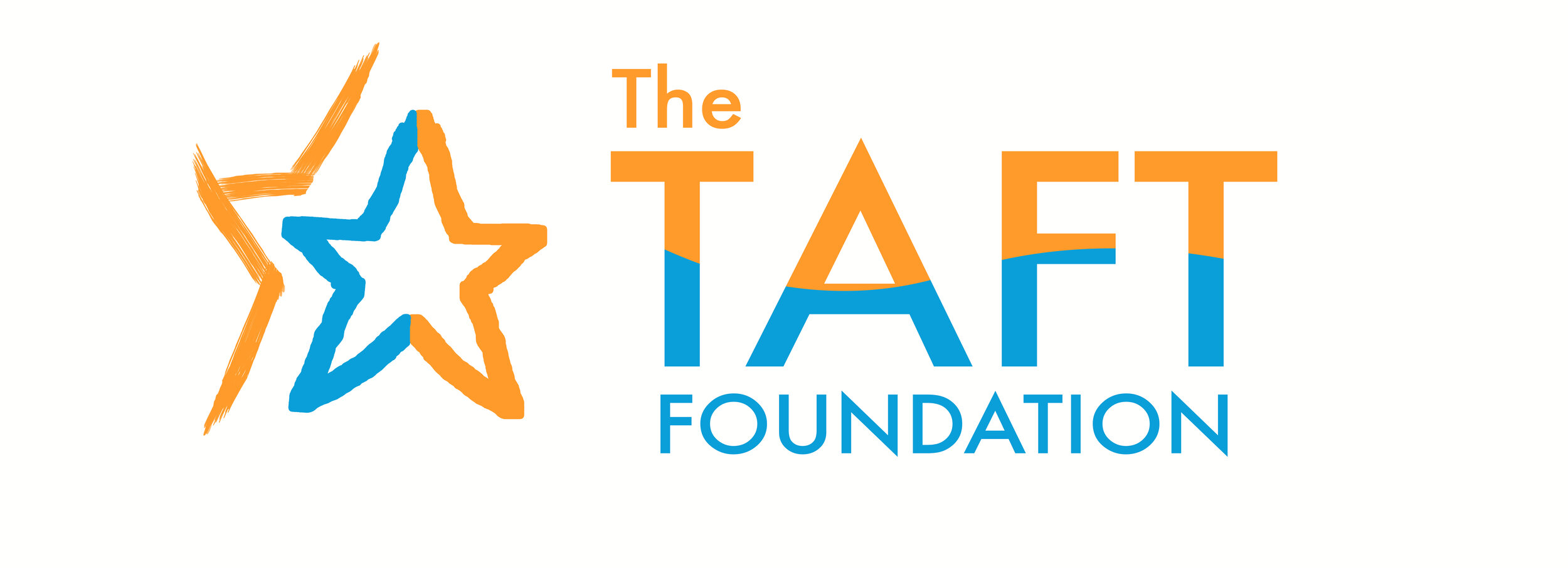 This is the logo for the Taft foundation which contains the colors orange and blue and top the left of the letters is the outline of a star.