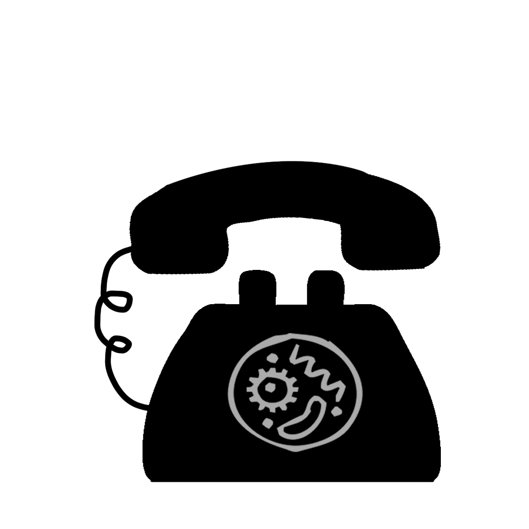 Old fashioned rotary phone with a spring connecting the phone to the body (holder). The body and the phone are of the color black and the rotary component (the part where you spin) is gray.