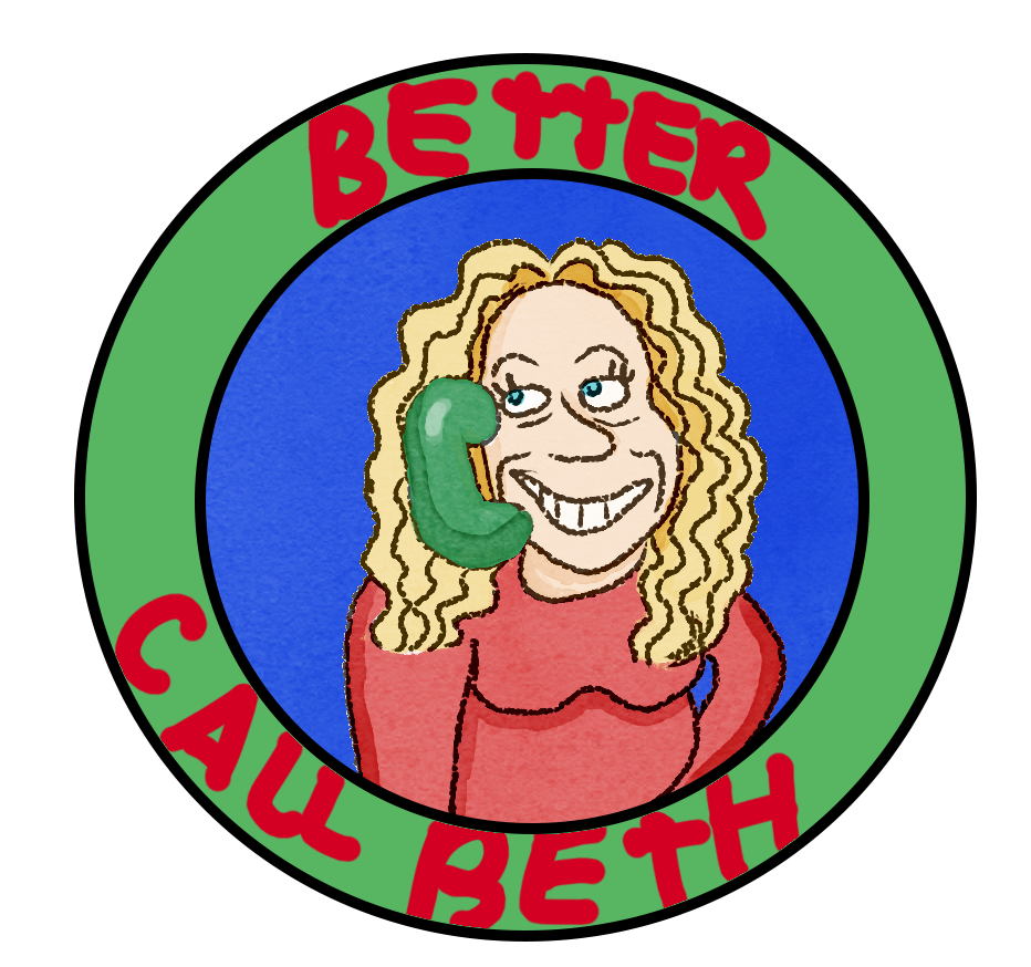 A circular photo of a logo called "Better call Beth". The outline of the circle is green while the inside is blue. Within the blue space is a picture of a woman with blonde hair with a pink dress holding a green old-fashioned phone.