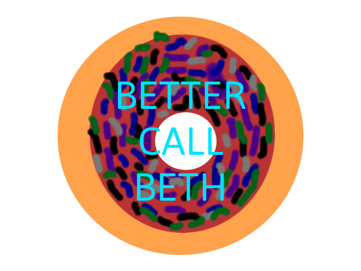 The phrase better call Beth in light blue is in the middle of a hollow donut. The outline of the donut is the bread of the donut while the middle part of the donut consists of pink frosting and sprinklings with colors of green, purple, black, blue, a
