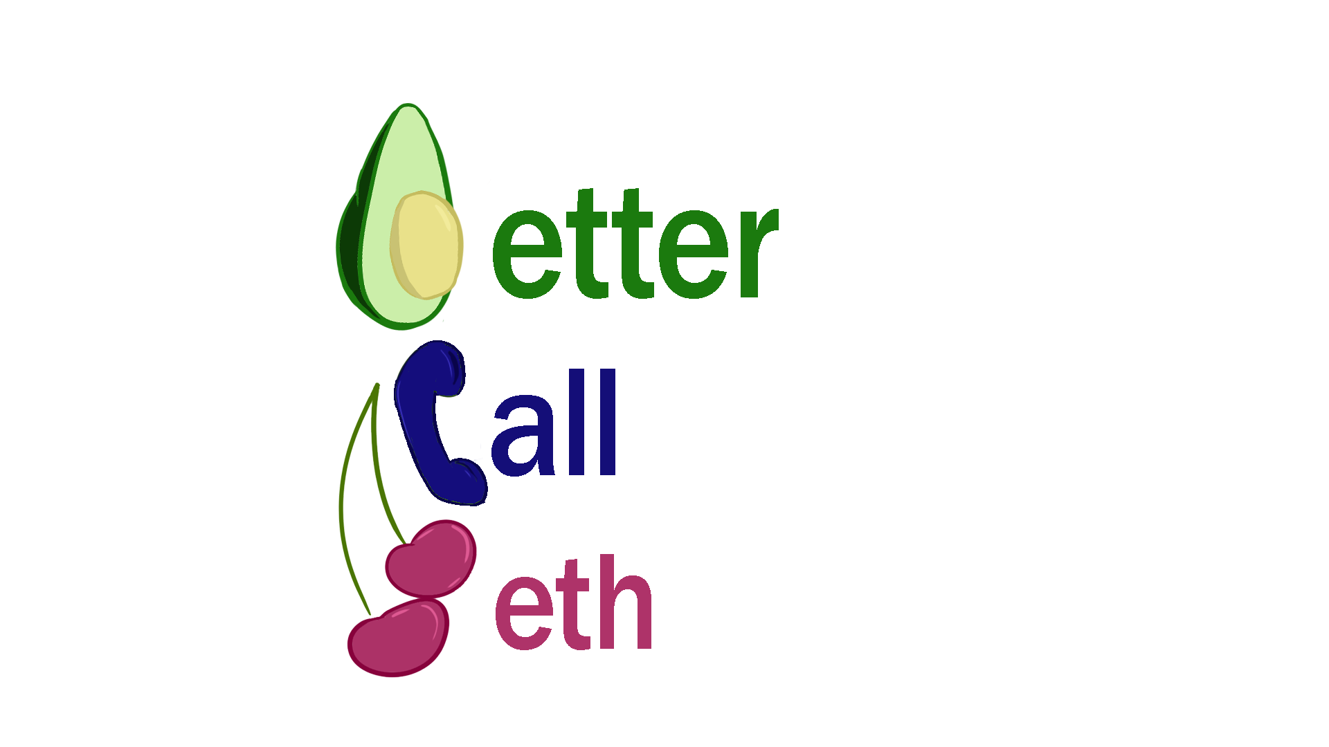 The phrase better call Beth. Better is green and B in better is represented by a green avocado. Call is blue and C in call is represented by a phone. Beth is in phone and B in Beth is represented by two cherries.