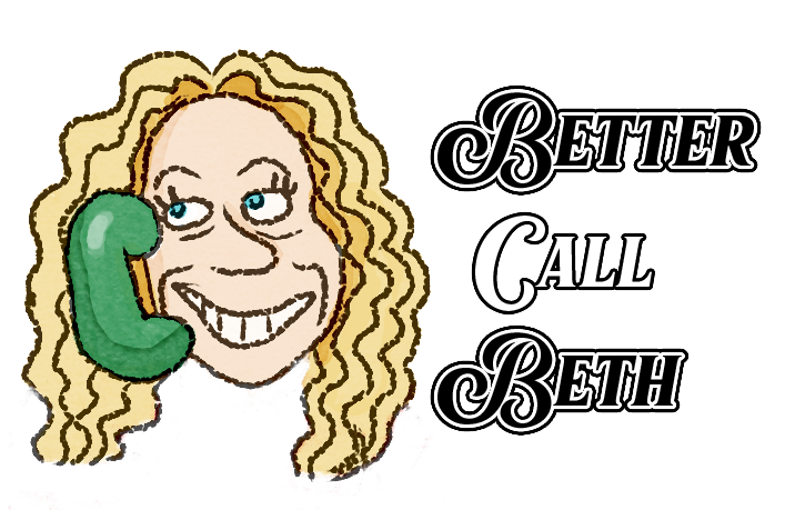 The phrase "Better call Beth" is on the right side of the image. "Better" and "Beth" are black color while "call" is white colored. To the left of the "Better call Beth" is a smiling woman with blonde hair on a green old-fashioned phone.
