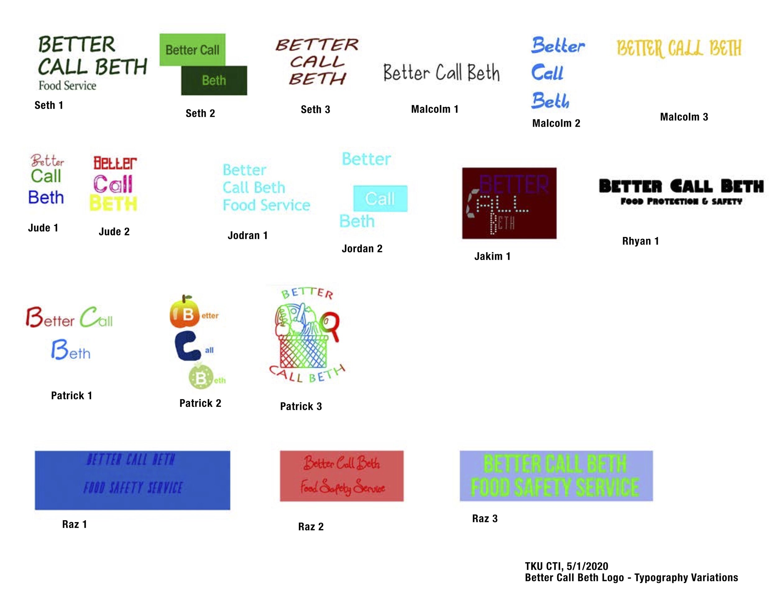 This could be a picture of ideas for a logo for the slogan " Better call Beth". Under each logo is the person who had possibly made the logo hence credit is given to them. The logos vary in color, size, shape, etc.