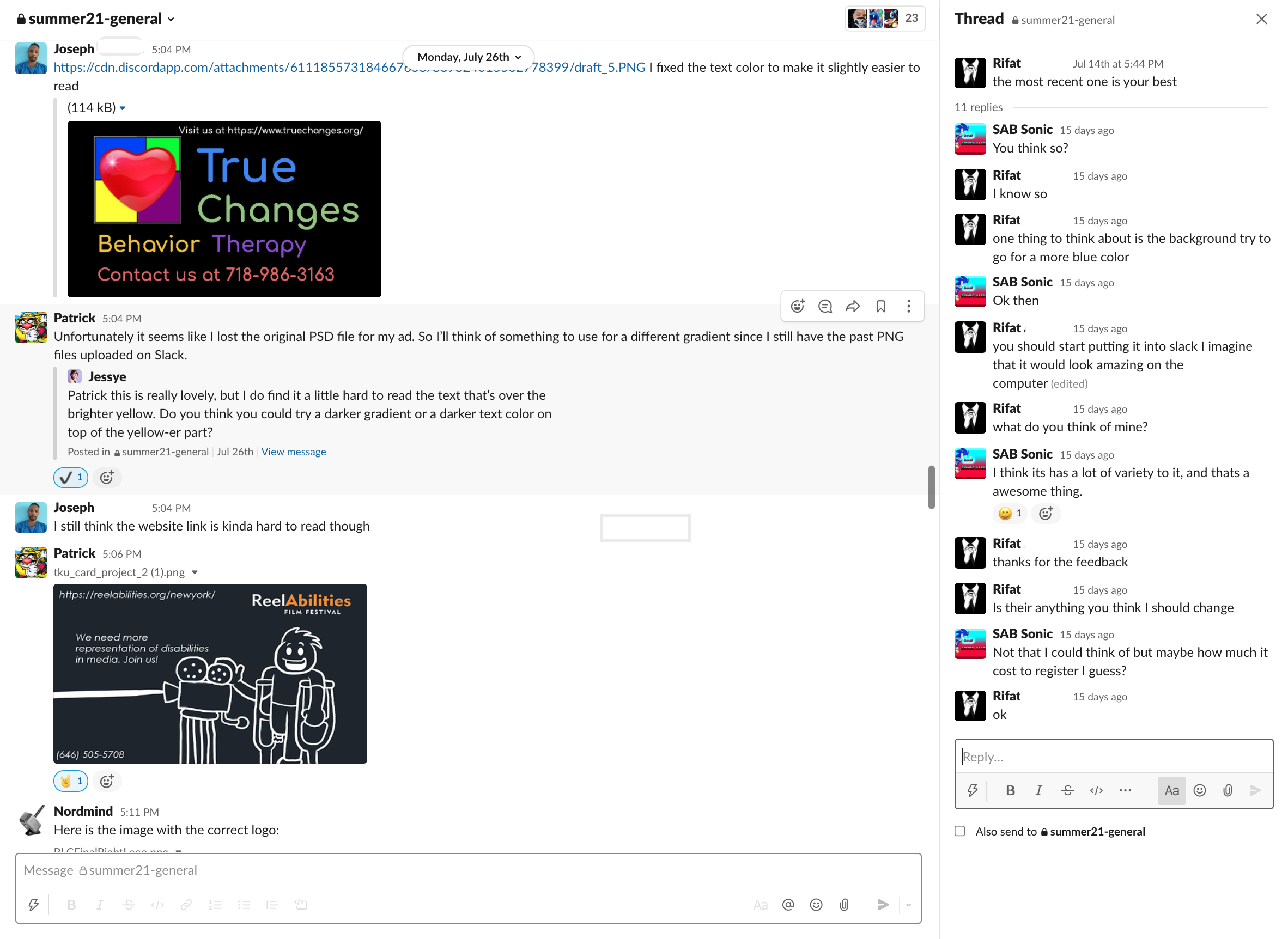 Digital Agency members collaborate in Slack to provide feedback to teammates and improve designs.